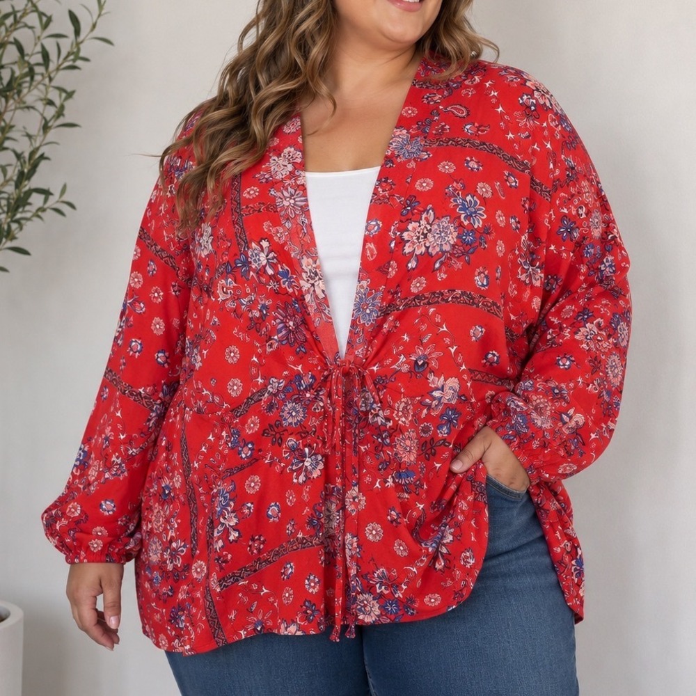 Cato Women's Kimono Cardigan 26/28W Plus Floral Boho Open Front Rayon Red